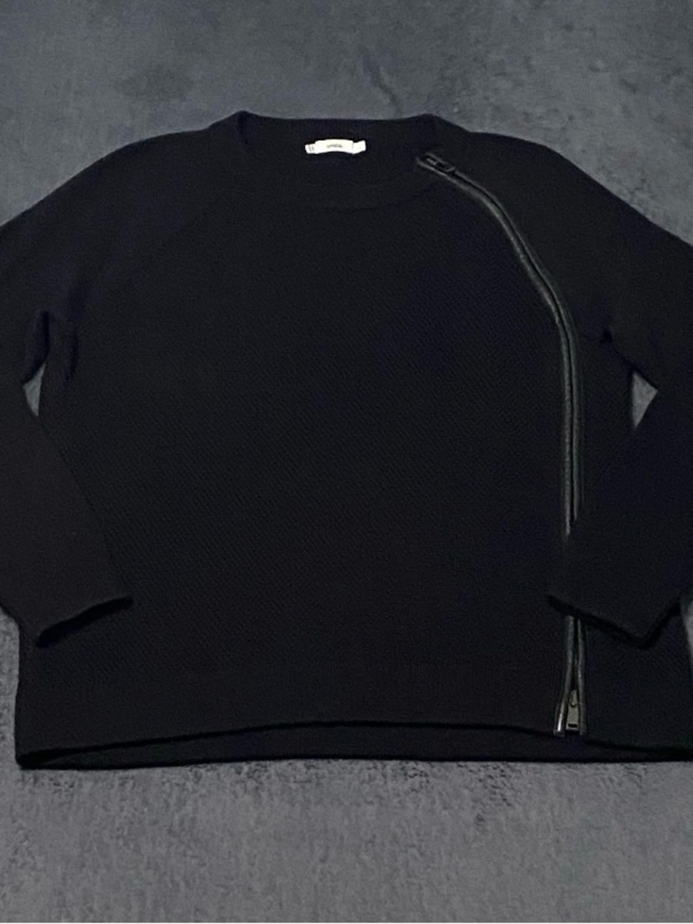 Vince Wool Sweater Womens L Black Leather Trim Zip Textured Waffle Knit Zipper